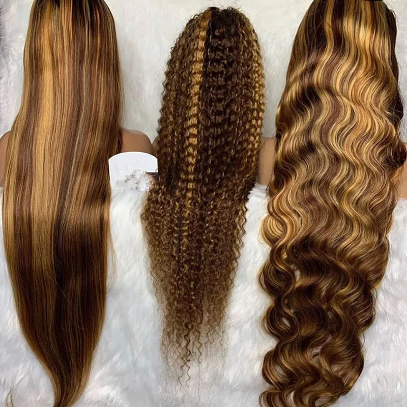 Ombre Honey Brown Color Highlight Body Wave Full Mink Pre Plucked Cuticle Aligned Human Hair HD Lace Front Wigs
