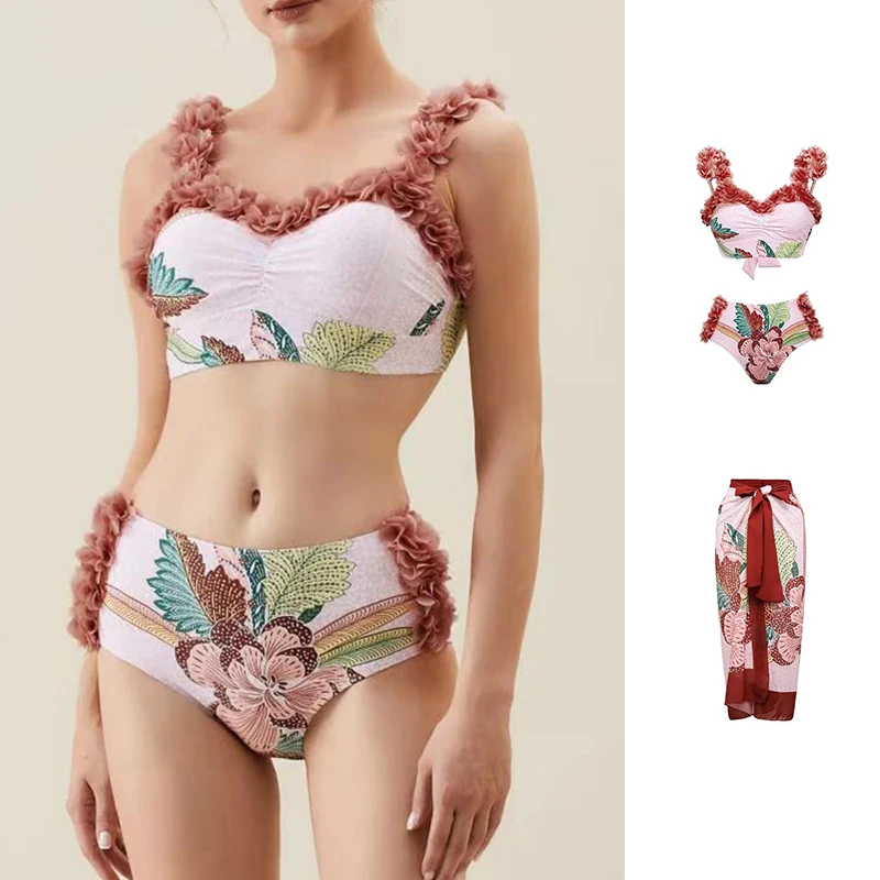 2023 High Quality High Waist Swimwear Women Wrap Printed Steel Bracket Gathers Petal Gauze Skirt Bikinis Beachwear
