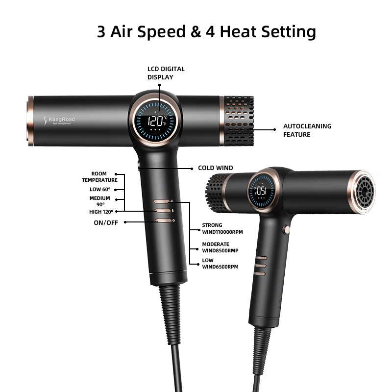 customized Negative Ionic Blow Dryer 120000 RPM High-Speed Brushless Motor for Fast Drying Low Noise LCD Display Hair Dryer