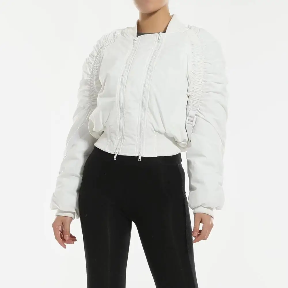Новая оптовая продажа, Короткая свободная куртка-бомбер с двойной молнией и плиссировкой, Женская куртка на осень и зиму