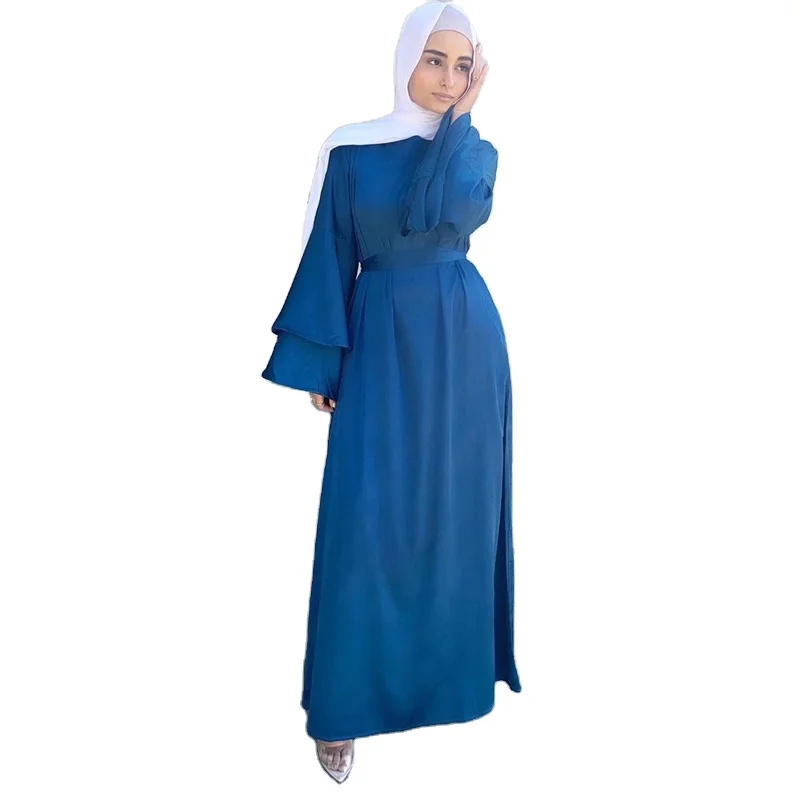 New Arrivals Middle East Turkish Womens Solid Color Abaya Plus Size Double Layer Satin Flared Sleeve Muslim Dress