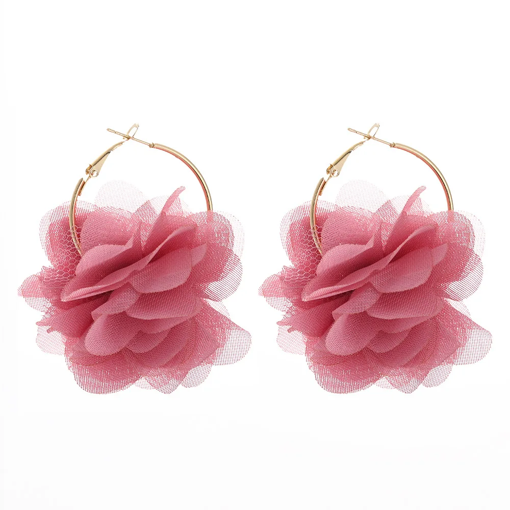 JJ55013 New Design Girl Lovely Handmade Pink Cloth Flower Earring