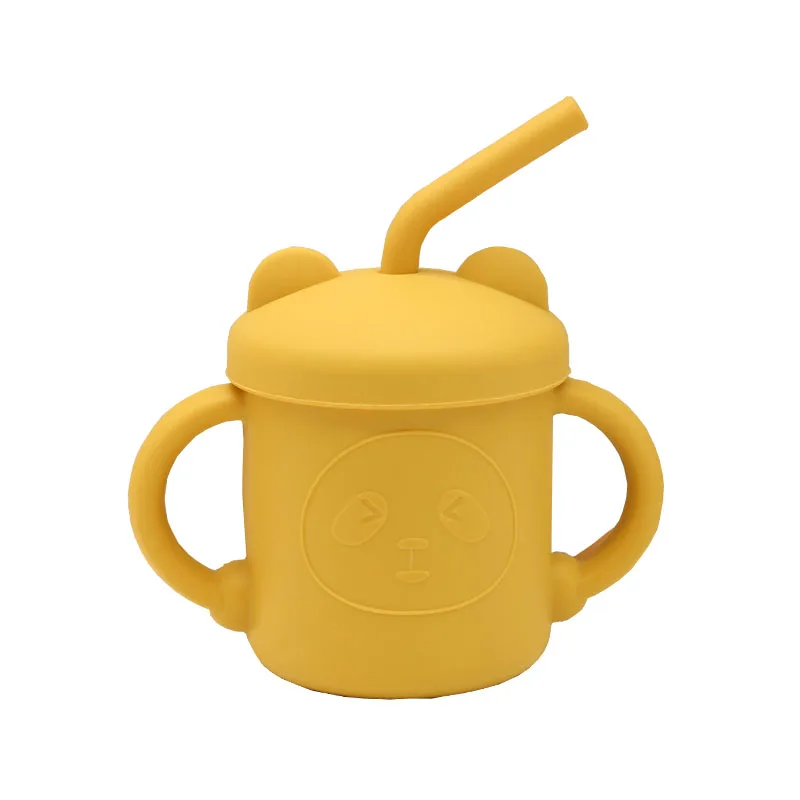 Customized silicone panda straw cup for children drinking cup training cup anti falling and anti spilling binaural learning c