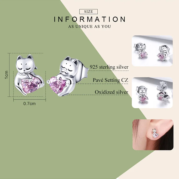 Factory 925 Sterling Silver Cat Pussy Pink Cubic Zircon Small Stud Earrings for Women Fashion Silver Jewelry Gift SCE453
