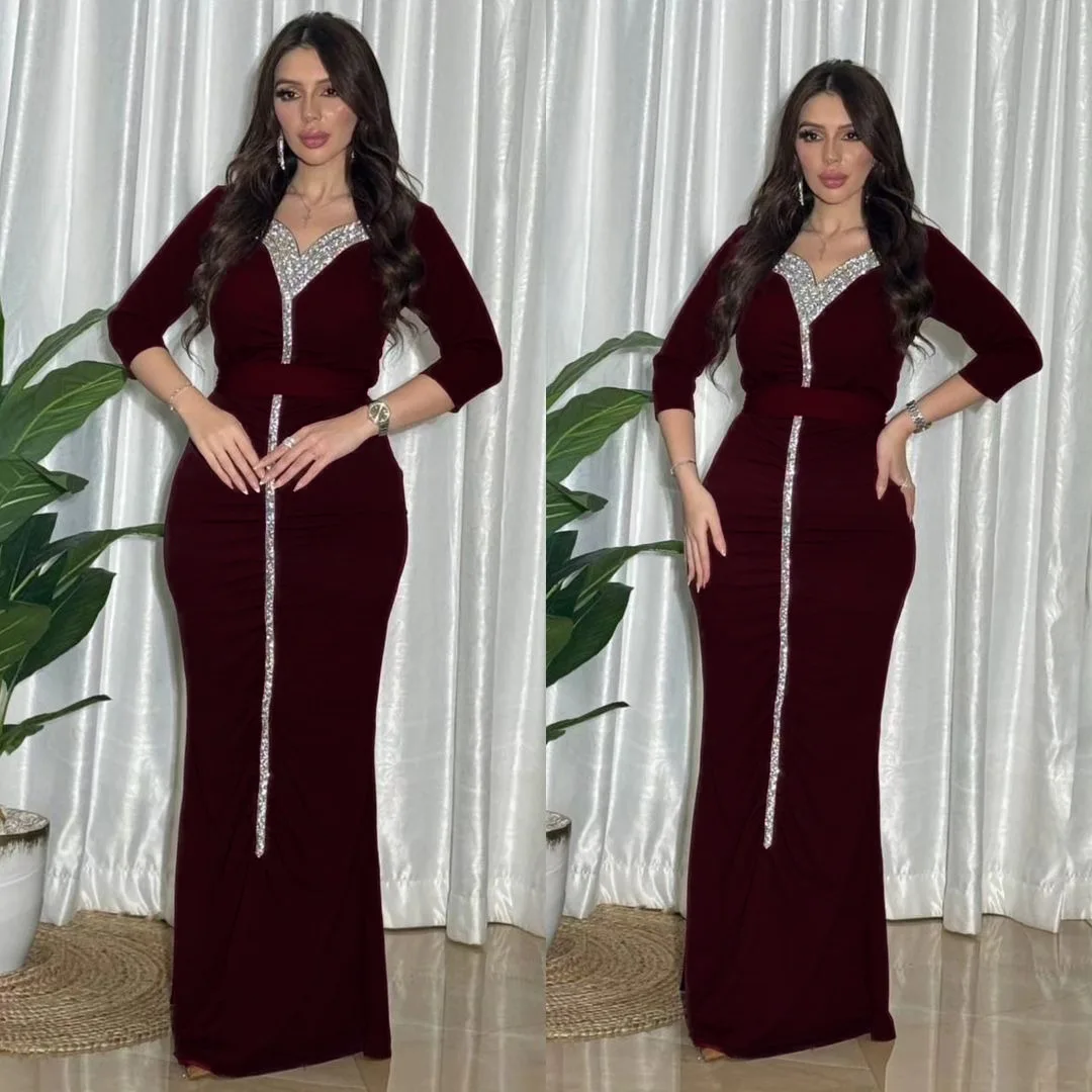 Factory Supply High Quality Middle East Abaya Dress With Diamonds And Belts Caftan Kaftan Dubai Kaftan Moroccan