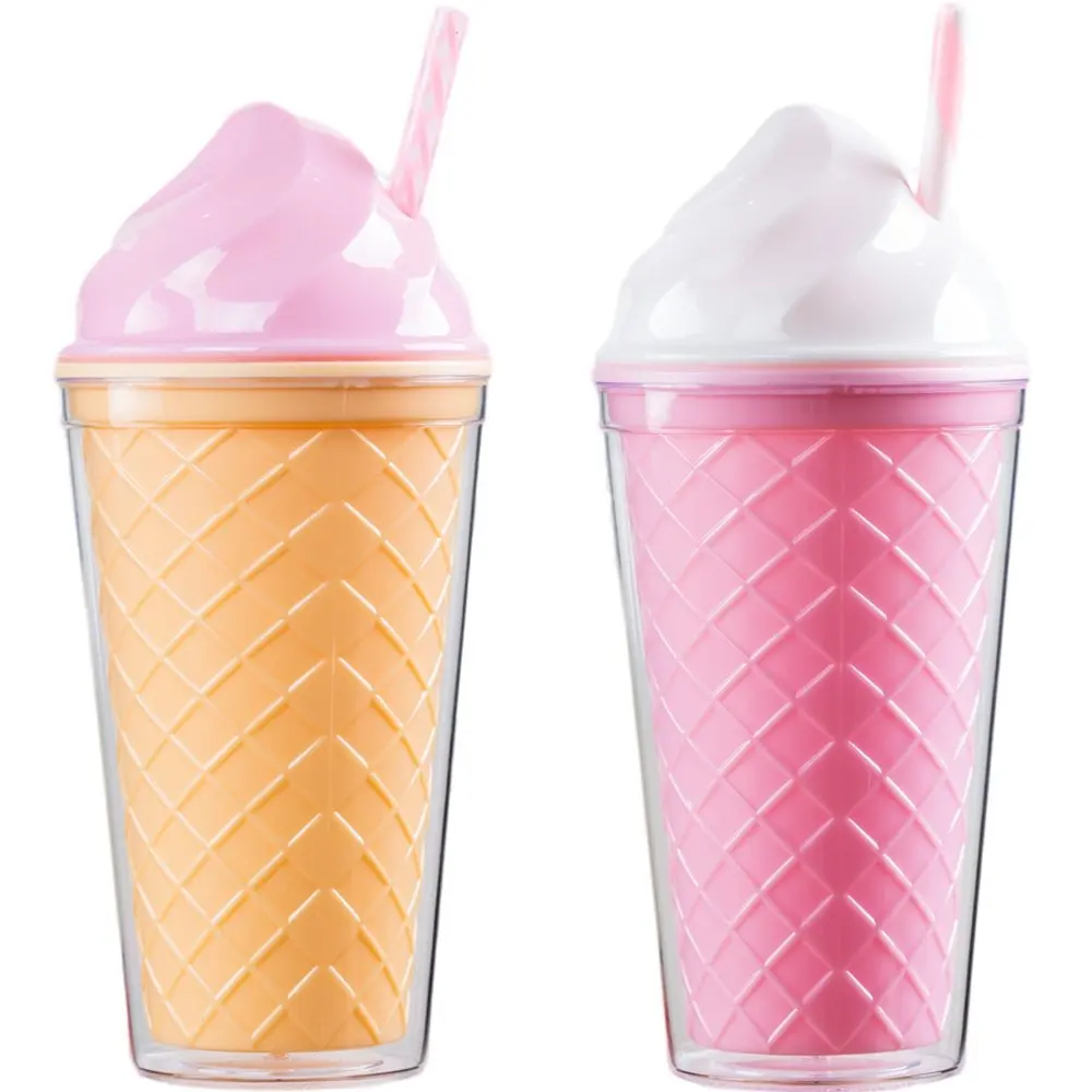 Wideal Creative 16oz double-layer plastic straw cup with ice cream cover wholesale new summer cold drink cup