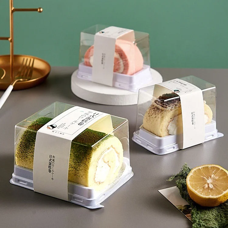 Cake Roll Containers Swiss Transparent Dessert Box Baking Cake Roll Packaging With Fork