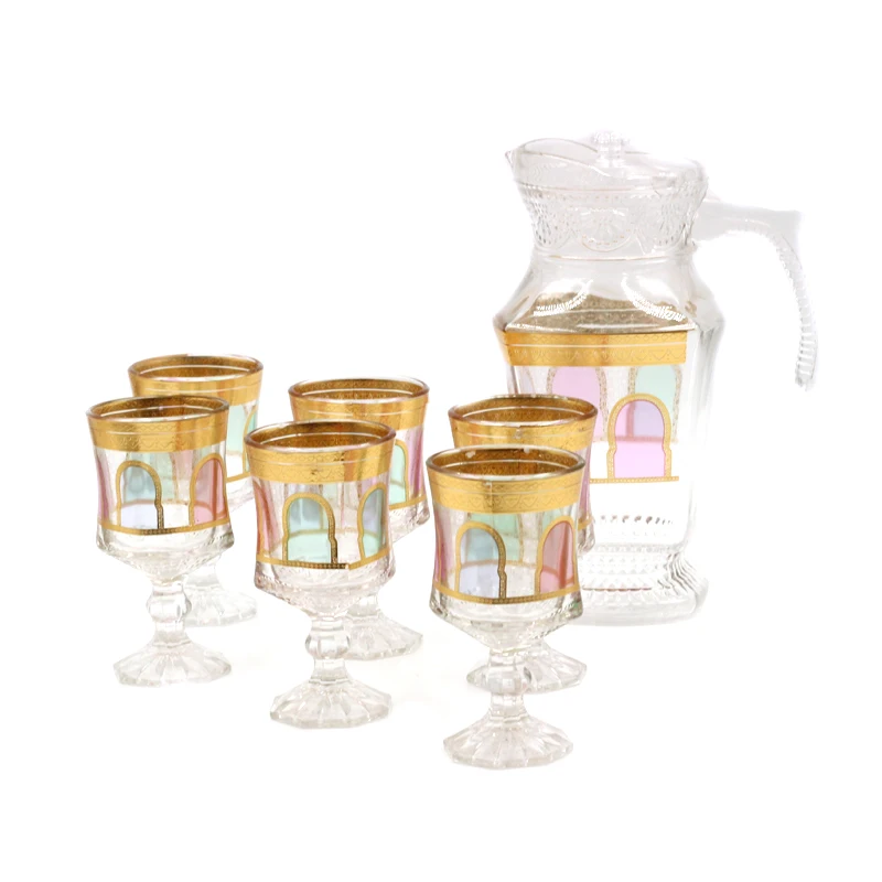 cheap wholesale 6 goblets 1 kettle glass tea cup sets gold flower arab turkish clear glass goblets kettle sets