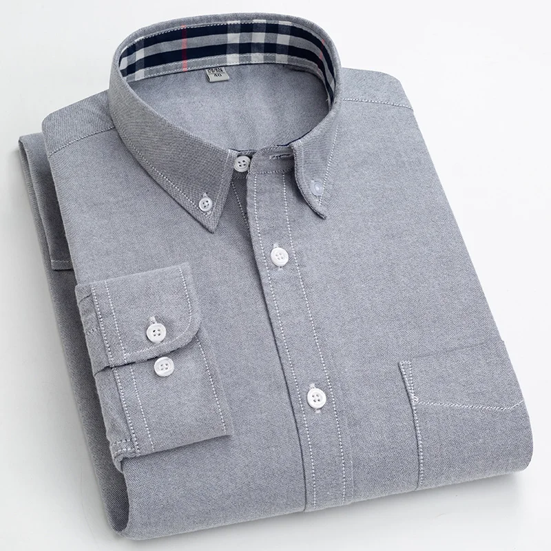 Stock 100% cotton carbon Oxford collar contrast Plaid Long Sleeve Shirt