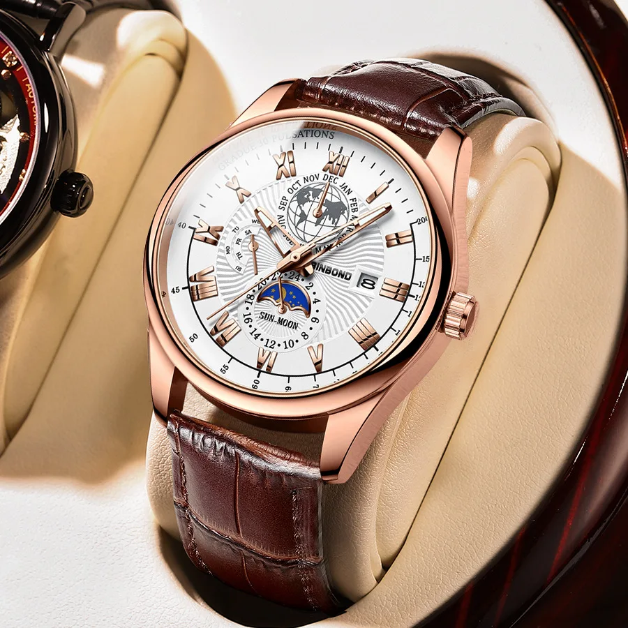 BINBONDB3982 Luxury Custom logo Leather man Hand Wristwatches Auto Date Quartz Watches men Wrist  Mens watch