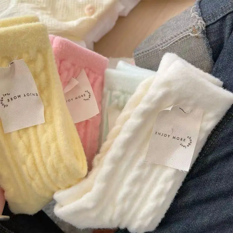 Macaron Color Soft Glutinous Plush Socks for Girls Autumn Winter Thickened Fleece Lined Mid-Tube Baby Socks Cold-Proof Crew High