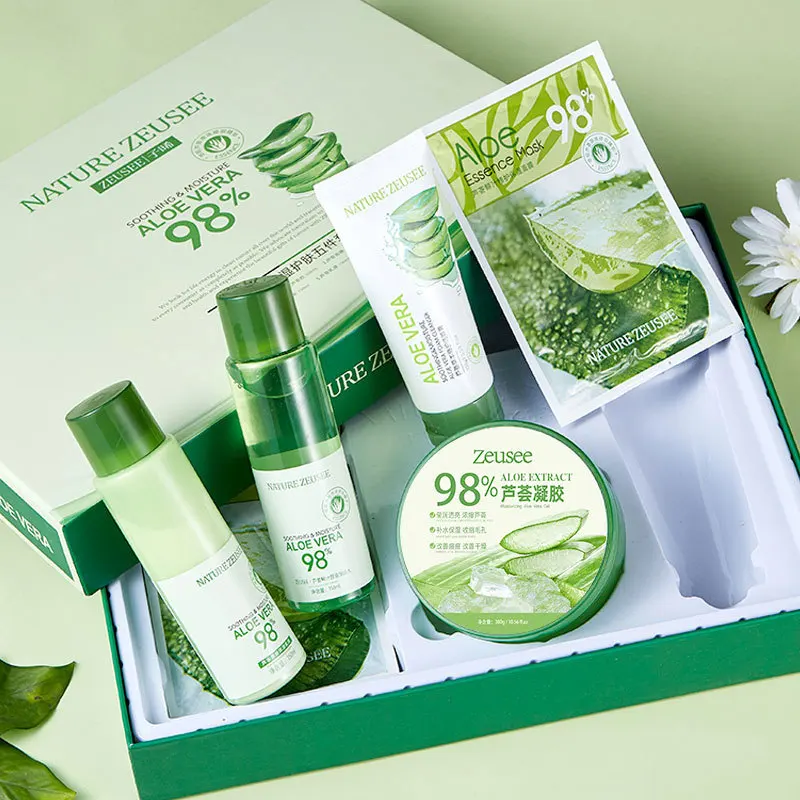 Private Label Facial Kit Aloe 5pcs/set Organic Moisturizing Whitening Korean Aloe Face Skin Care Set