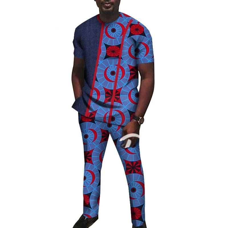 Одежда с Африканским принтом WYN930, Мужская африканская одежда с круглым вырезом, комплект с коротким рукавом, традиционная мужская повседневная одежда