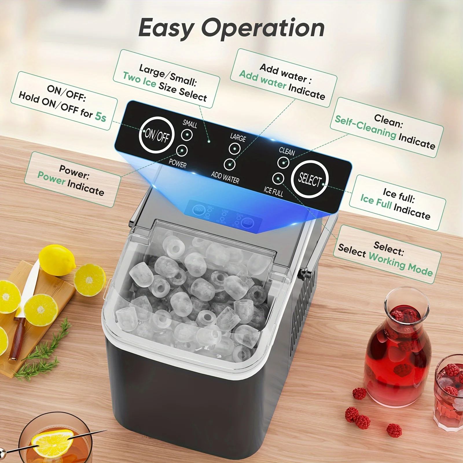 Self-Cleaning, Portable with Handle Fast Countertop Machine with 9 Bullet Ice Cubes in 6 Minutes
