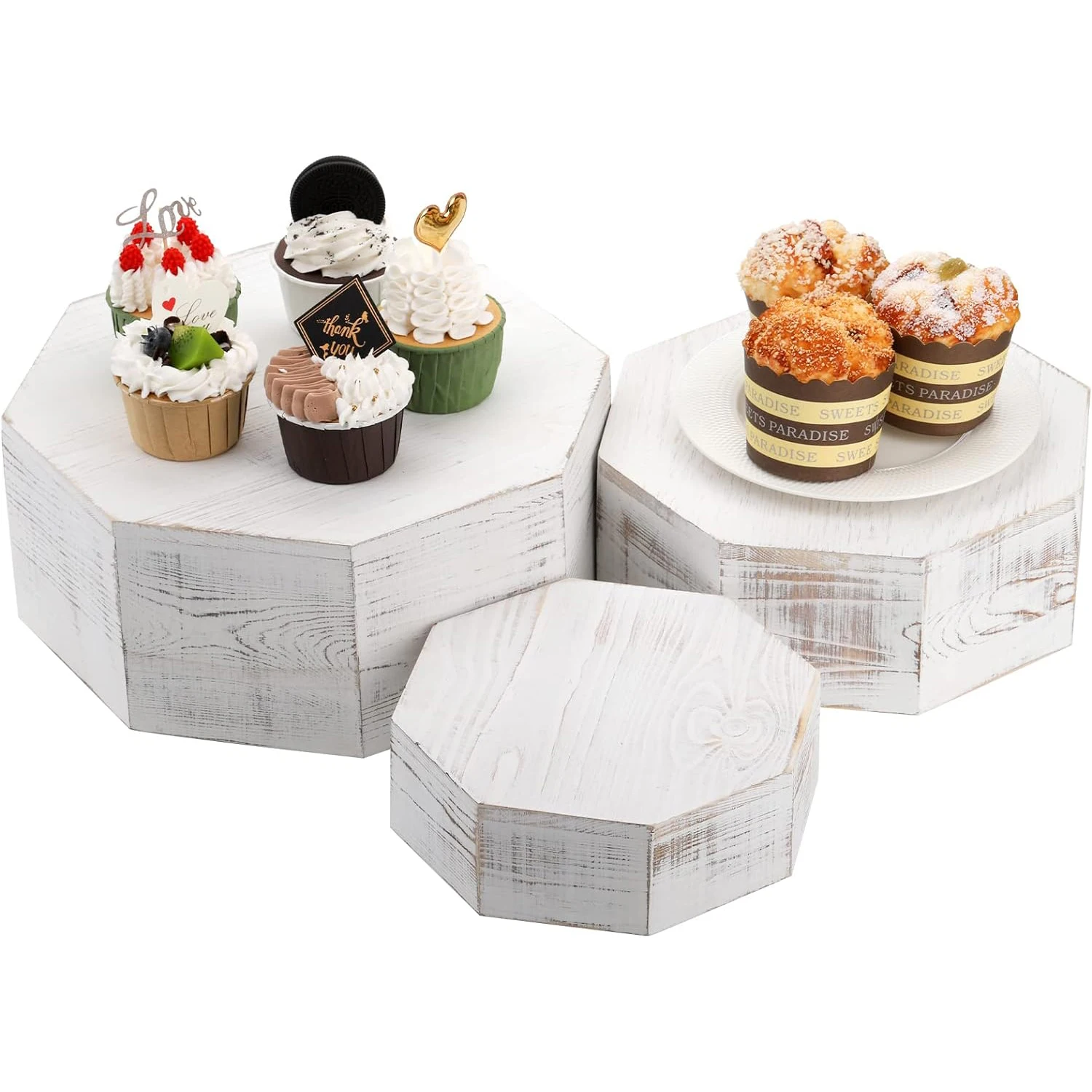 Whitewashed Rustic Cake Dessert Stand Stackable Figurine Showcase Box wood cake stand set for dessert table white