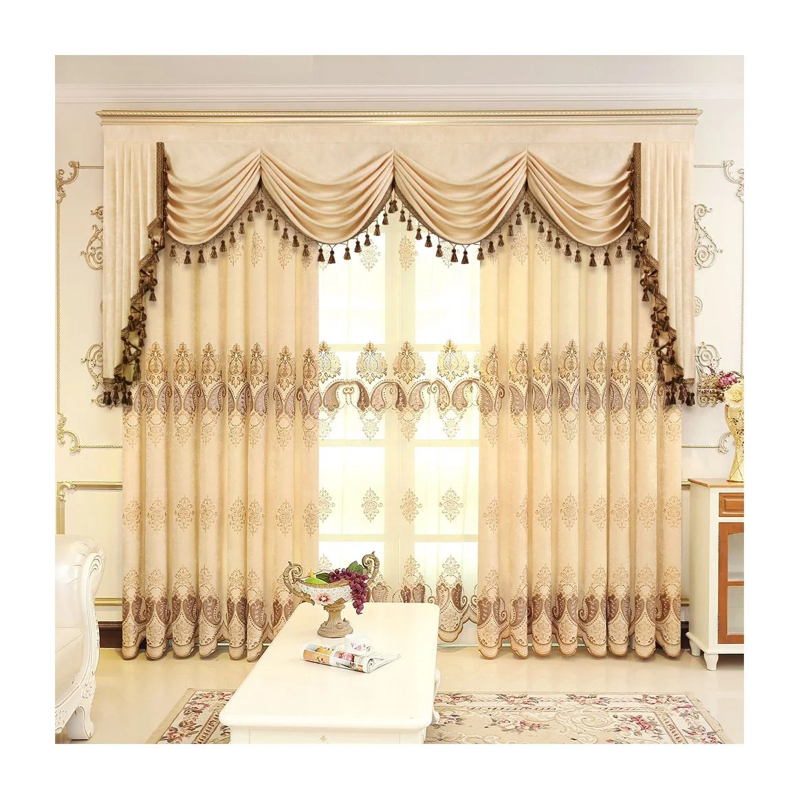 Chenille Luxury Embroidery Curtains Fabric Cloth for the Living Room with Waterfall Swags Valance Ready Made