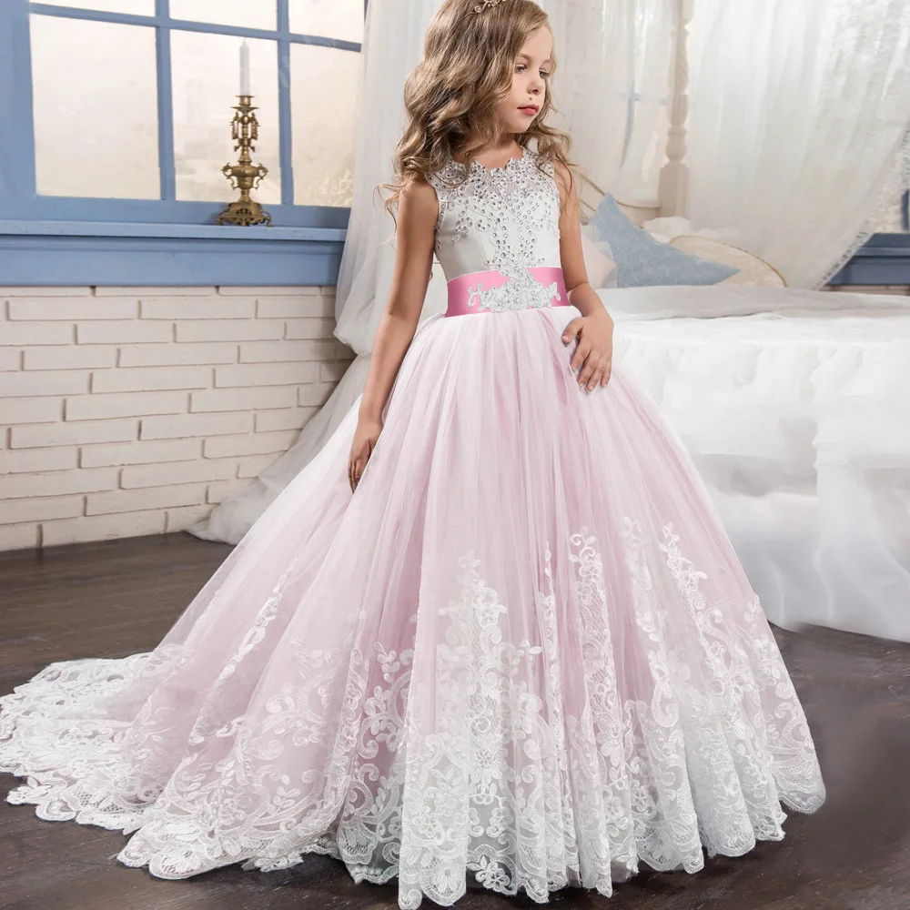 88406  Kids Birthday Boutique Clothing Luxury Lace Long Frock Flower Girl Wedding Communion Pageant Dress
