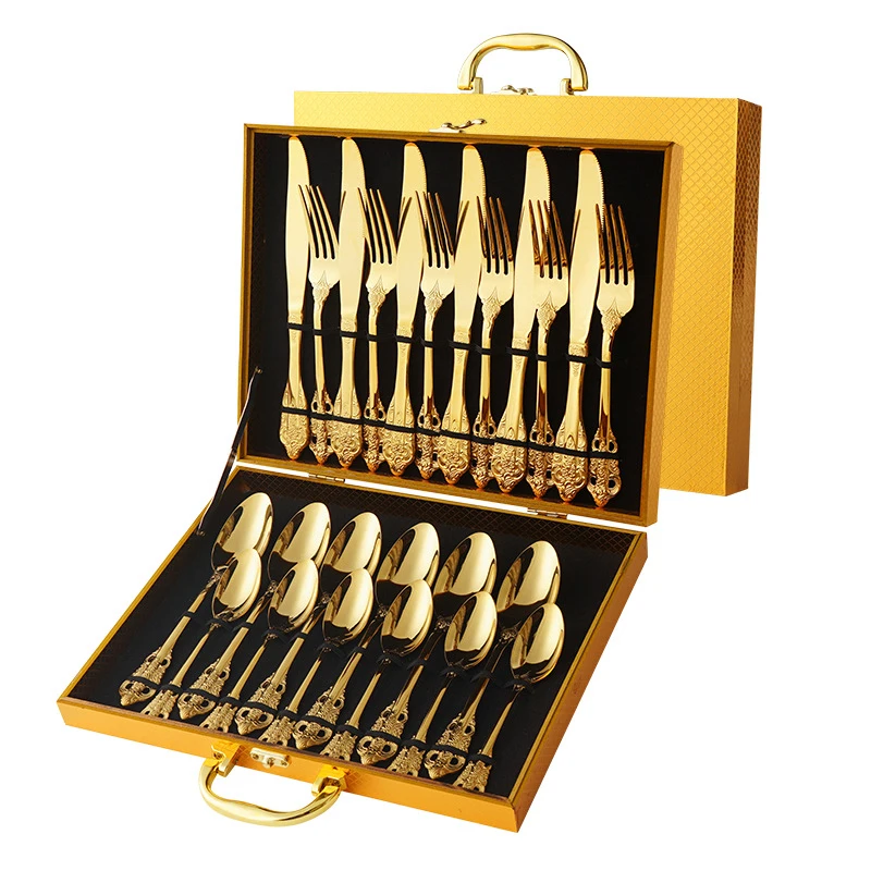 Royal Stainless Steel Dinnerware Set Vintage Palace Style 12/16/24 Pcs Knife Fork Spoon Cutlery Set
