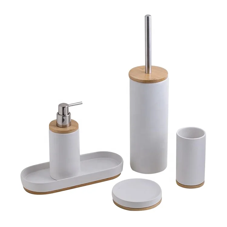 
BX bathroom set soap dish tumbler bath tray with bamboo part soap dispenser with bamboo lid 