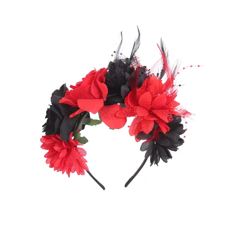 Women Mexican Rose Flower Crown Headband Day Of The Dead Halloween Headpiece Party Hair Hoop Costume Rose Flower Crown