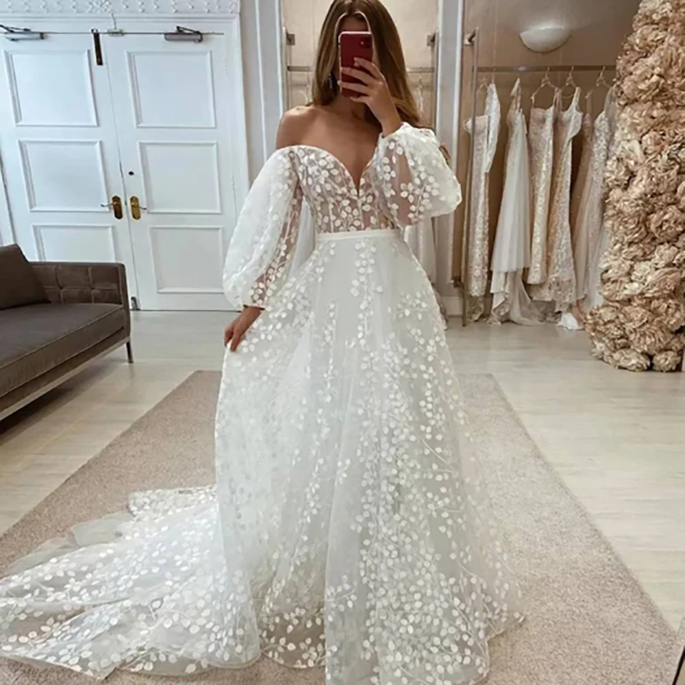 8715# Real Photos Puffy Sleeves Low Back A-line Floral Lace Wedding Dress Bridal Gown For Women Engagement Party Dresses