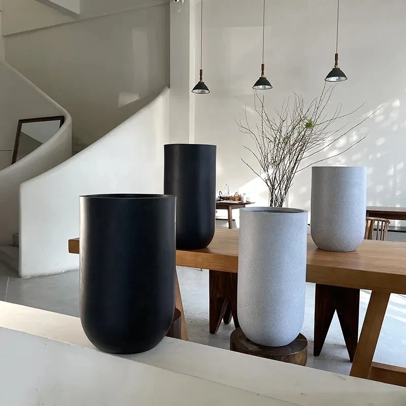 Contemporary Cylinder Large Home Outdoor Decor Cement Floor Tall Flower Pots Planter Garden Pots with Hole