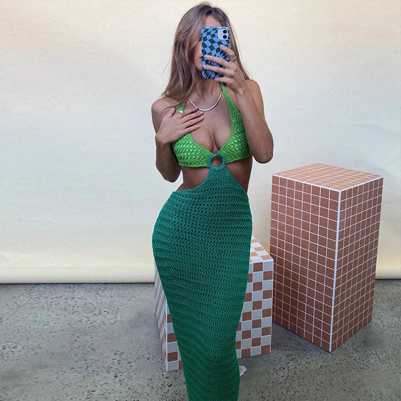 Sexy Knitted Halter Neck Hollow Out Backless Ladies Beach Maxi Dress