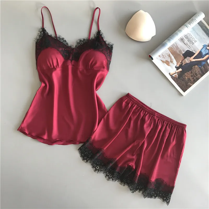 hot girl lace women plus size satin short women 2 pieces pajamas silk sexy lingerie