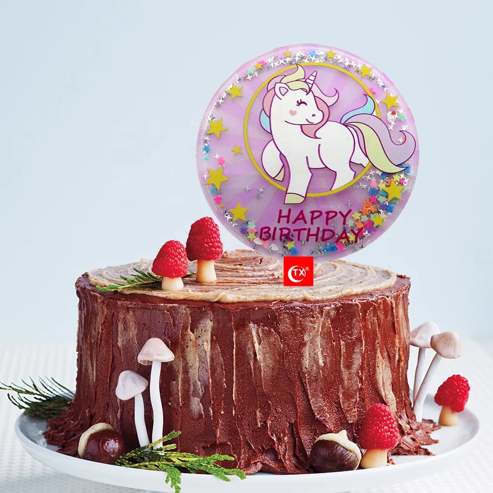 
TX Unicorn Rainbow Stars Smile Fun Pink Shake Shiny Moving Quicksand Acrylic Cake Topper For Kids Party Decorations Supplier 