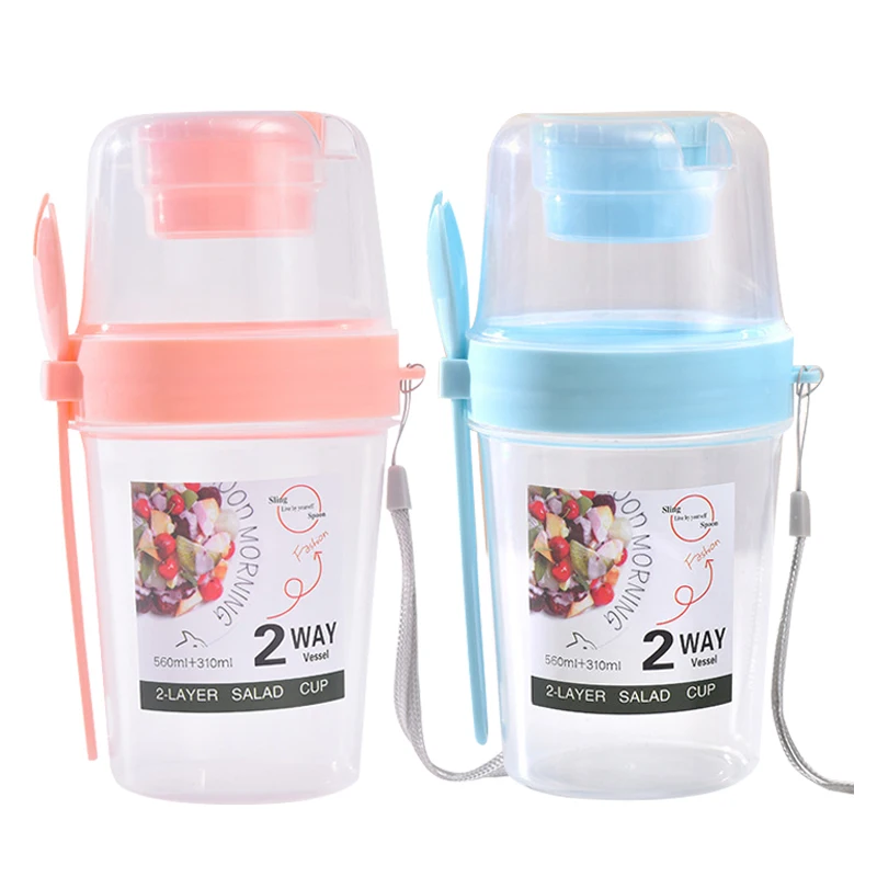 double layer fitness small mason 2 layers plastic fruit salad cup with fork sustainable