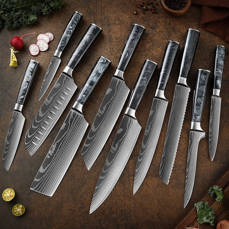 10 Pcs Damascus Pattern Knife Set Stainless Steel Kitchen Chef Knives Set with Resin Handle
