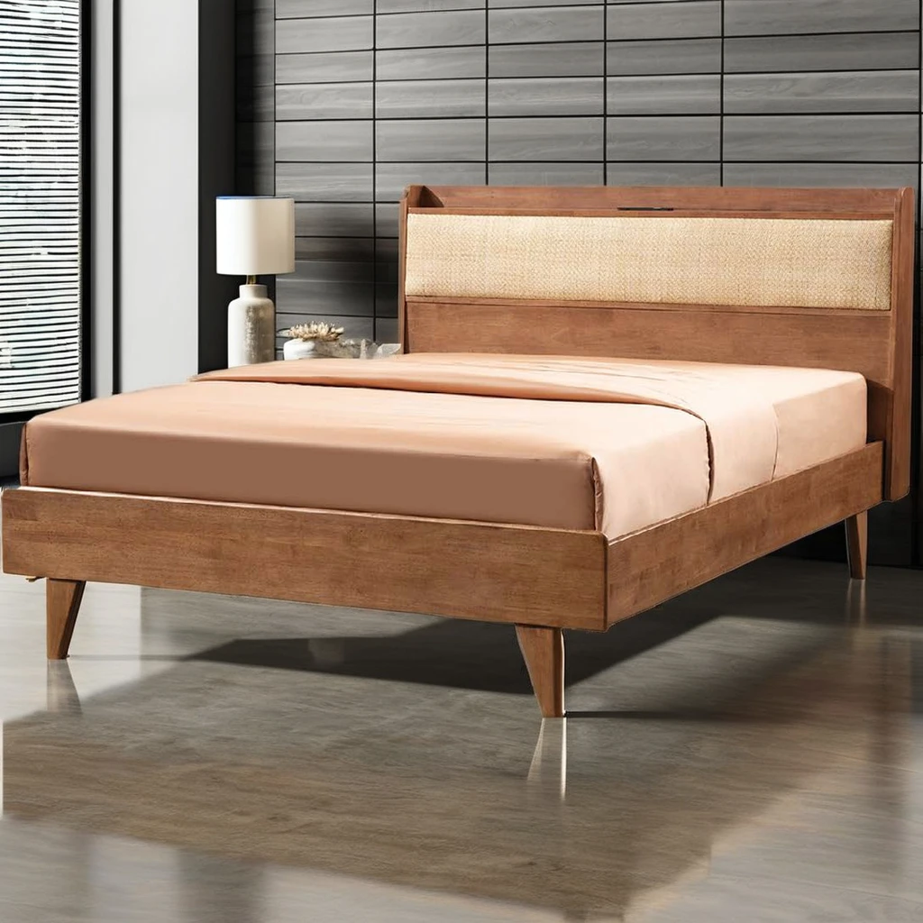 Rattan woven solid wood bed Frame Cheap Indoor Bedroom Furniture King Queen Double Soft Bunk Bed Natural Finish Color