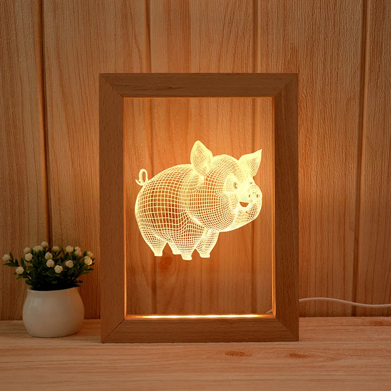 Home Decor Wood Photo Frame 3D Acrylic Led Night Light For Kids
