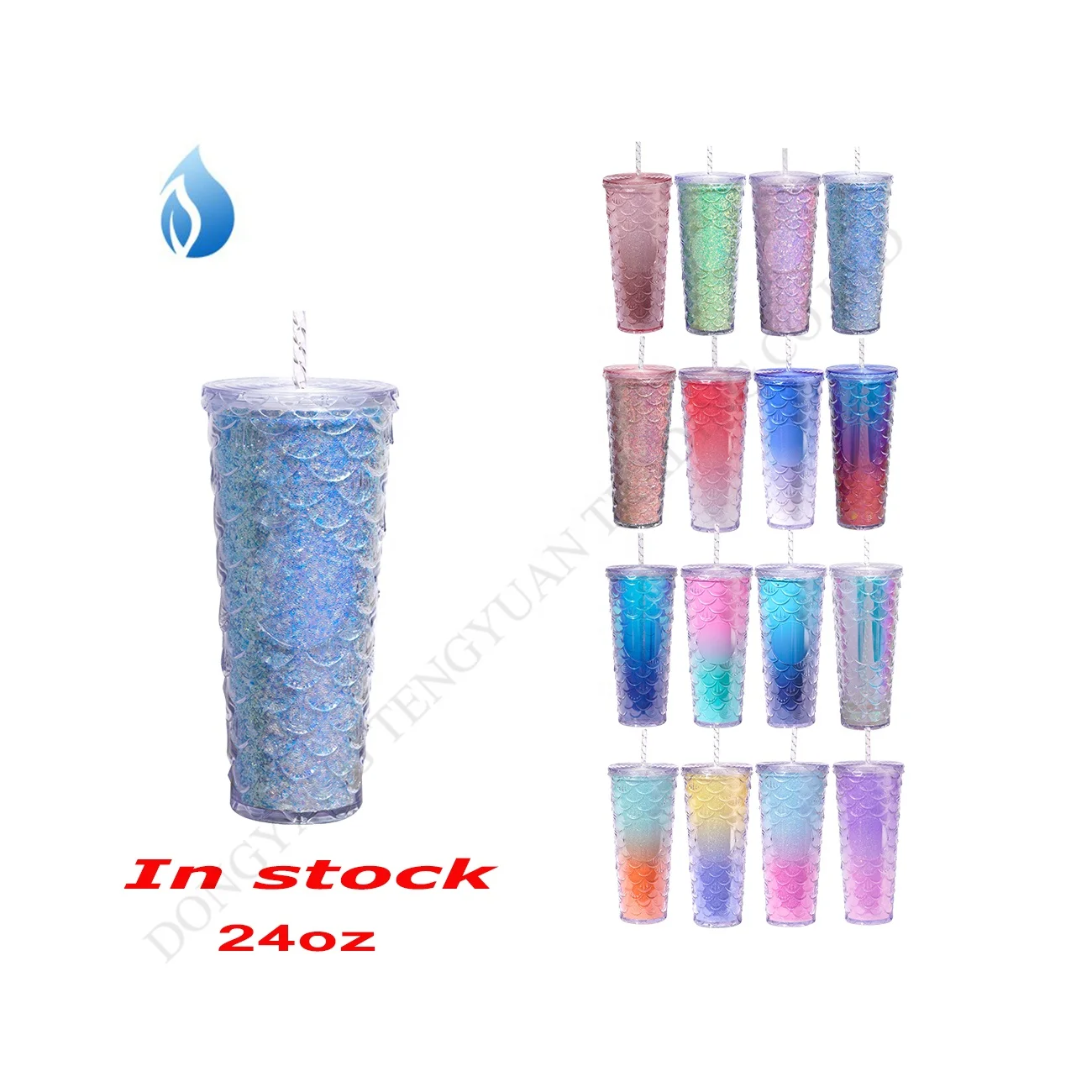 ZP Factory Mermaid Cup Scale Glitter 24oz Mugs Insulated Double Walled Plastic Cups Fish Scales Tumbler With Straw And Lid