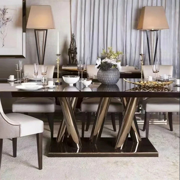 Light Luxury Designer Solid Wood Console Stainless Steel Base Dining Table High end Luxury Villa Dining Table