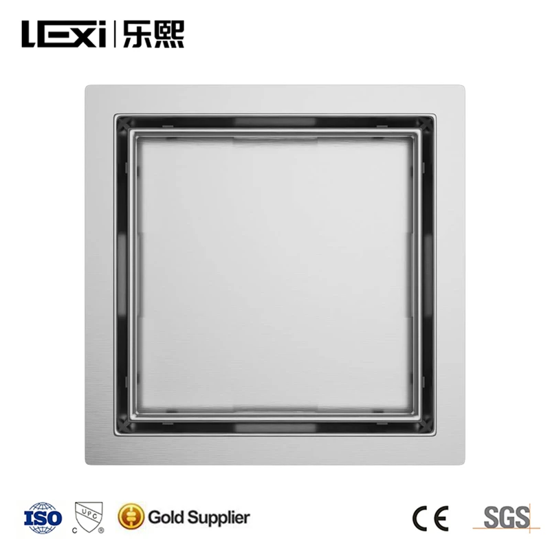 LEXI Bathroom Large Black 6 Inch Square  2-in-1 Tile Insert Drainer Stainless Steel Invisible  Shower Floor Drain With Flange