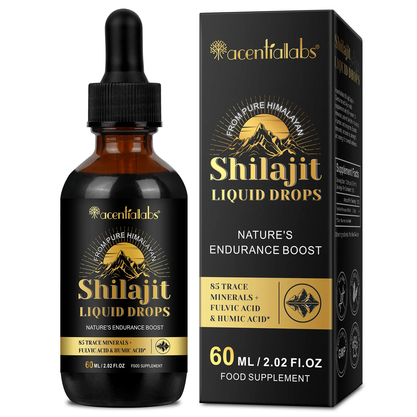 Acentiallabs 85 trace minerals 60ml himalayan shilajit liquid drops 100% pure shilajit supplement pure himalayan shilajit drops