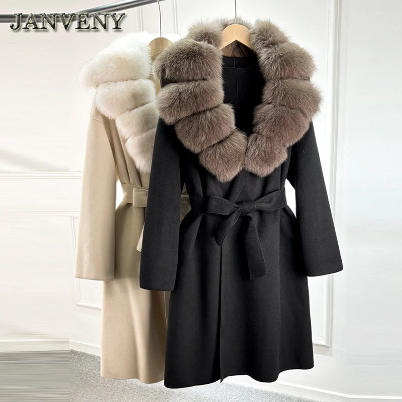 JANVENY 2024 New Autumn Winter Double-Sided Cashmere Woolen Coat Women Detachable Fox Big Fur Collar Long Skirt Slim Long Coat