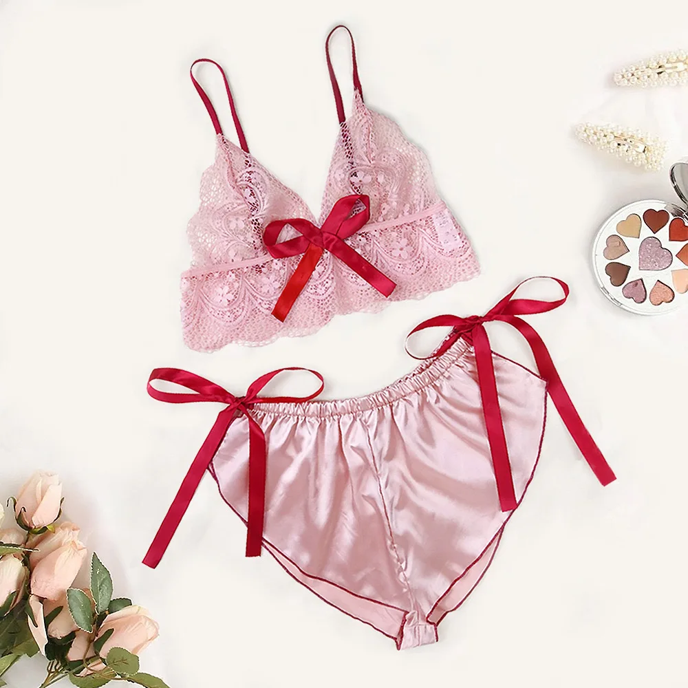 Sexy Two Piece Lingerie Set Babydoll Pajamas Women Pink Lace Triangle Bralette Bra+Lace Up Bowknot Shorts Satin Sleepwear