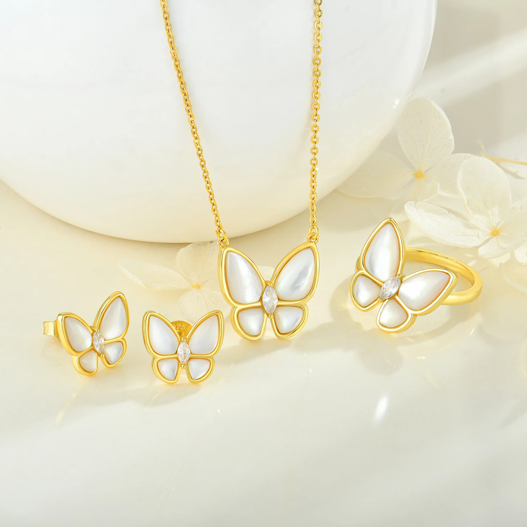 New style jewelry set zircon butterfly 925 silver sets shell choker necklace earrings ring gold plated jewelry sets for women
