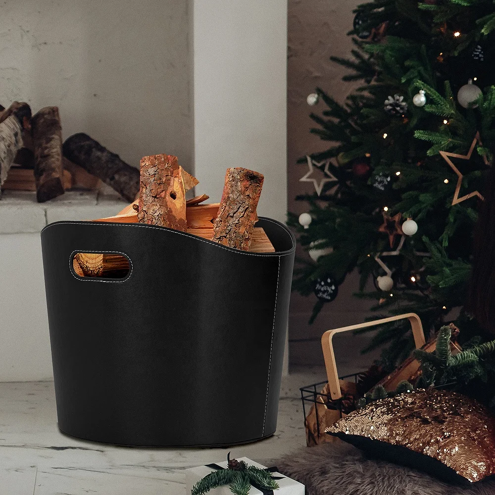 Black Sturdy Log Storage Bin Leather Firewood Basket with Handles