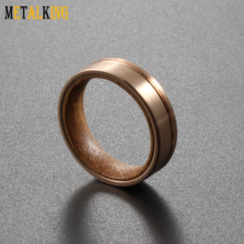 6mm Rose Gold Tungsten Carbide Ring Brushed Thin Grooved Whiskey Barrel Wood Inlay Wedding Band for Men Women Comfort Fit