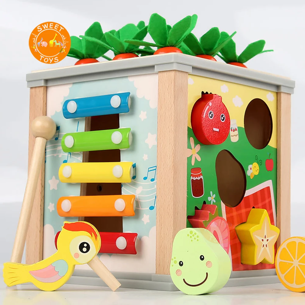 Multi-function Wooden Geometric Matching Game Gift 6 In 1 Pull Radish Catch Bug Hundred Treasure Box for Toddler