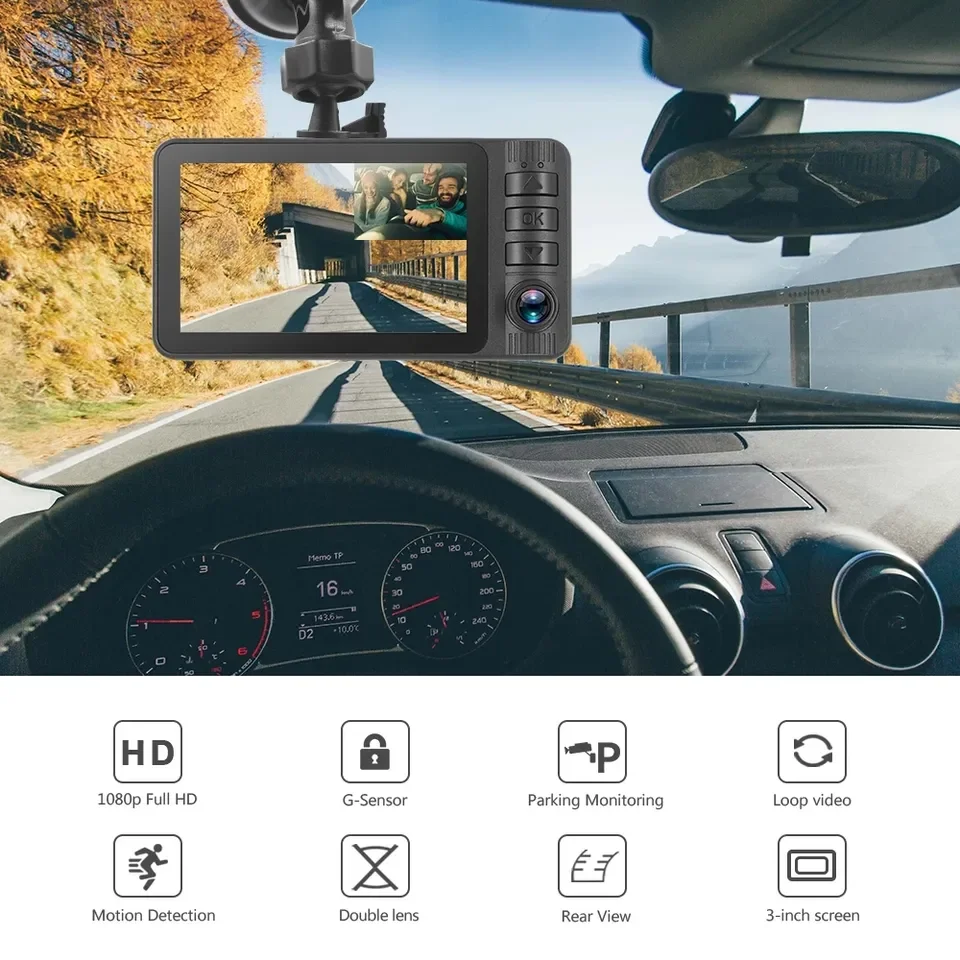 Full HD 360 Degree Car DVR Dash Cam 1080p Three Lenses Car Black Box with G-sensor and Loop Recording