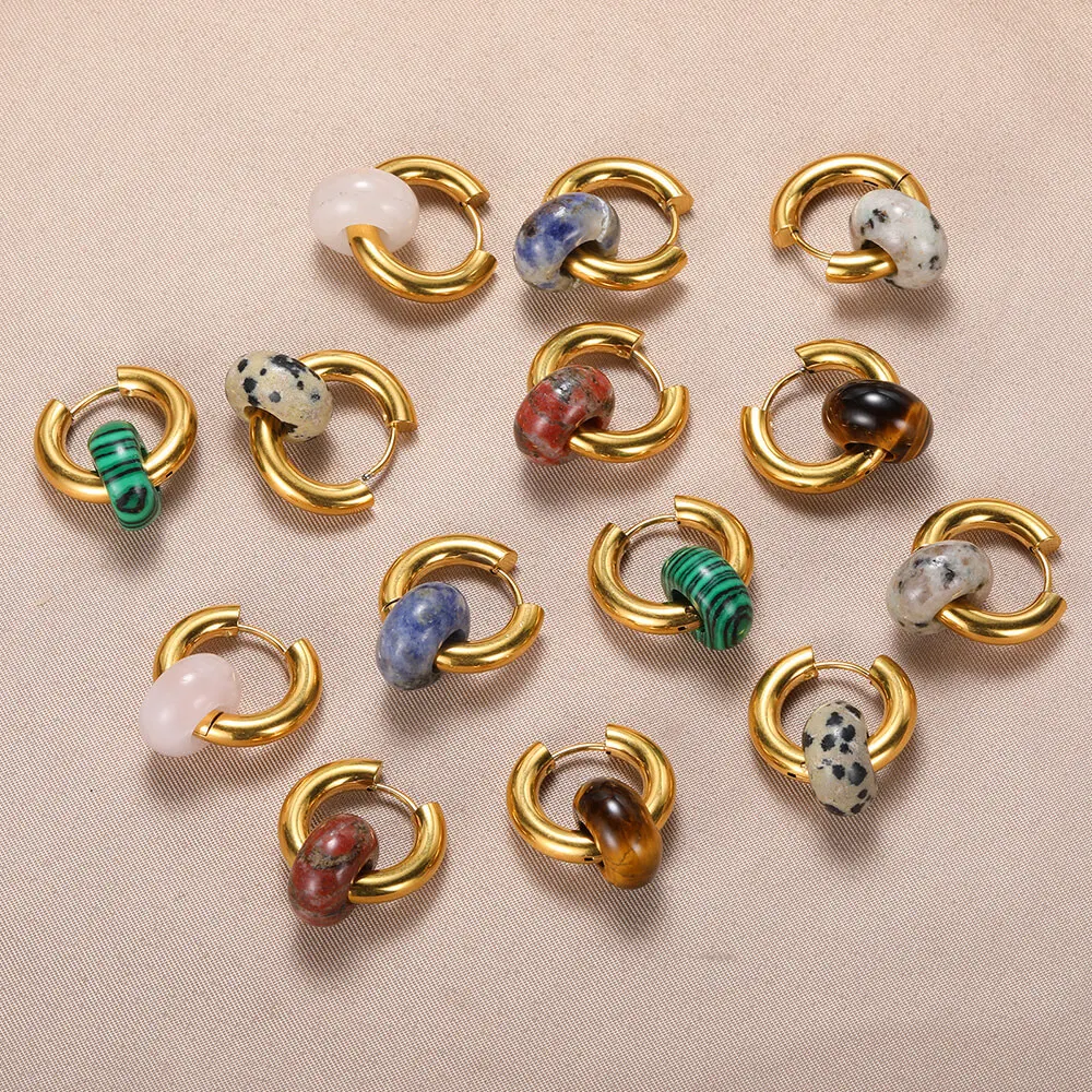 Iridescent Natural Stone Donuts Hoops Earrings With Stainless Steel Hoop Girl Earrings For Women Hypoallergenic Jewel