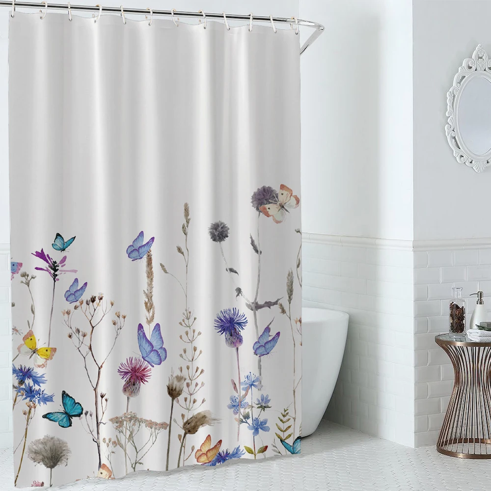 White Background Fabric Waterproof Washable Bathroom Shower Curtain Sets