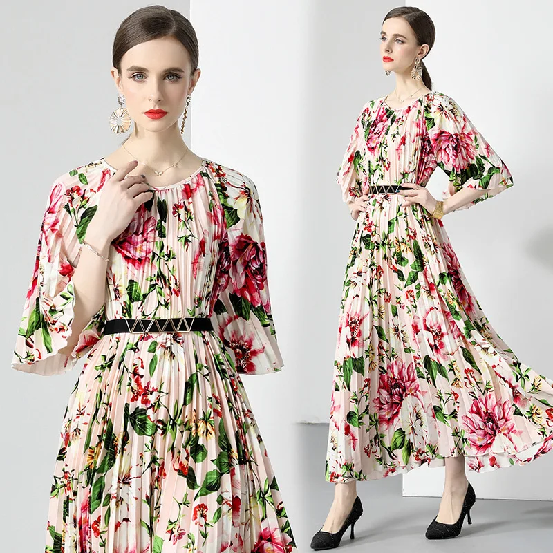 Women Fashion Elegant Dress Crew Neck Floral Print Ruffle Ruched Smart Casual Dresses Long