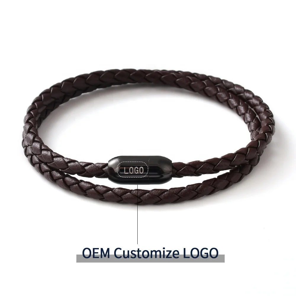 F560 Unisex Black Steel Stainless Magnetic Clasp Mens Genuine Cowhide Braided leather wrap bracelet for men or Women jewelry