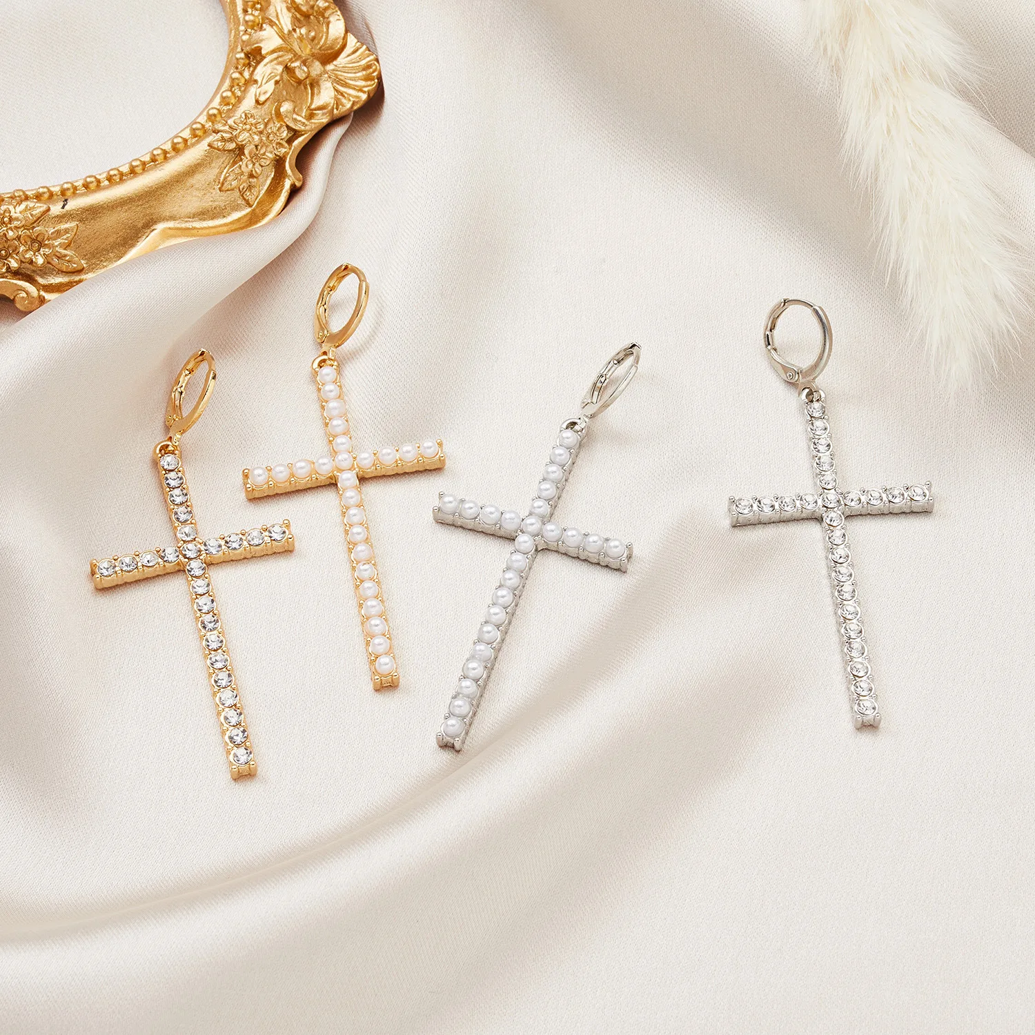 High-End Gold Plated Cross Pearl and Rhinestone Asymmetric Drop Earrings Personalized Fashion Jewelry Made of  Alloy