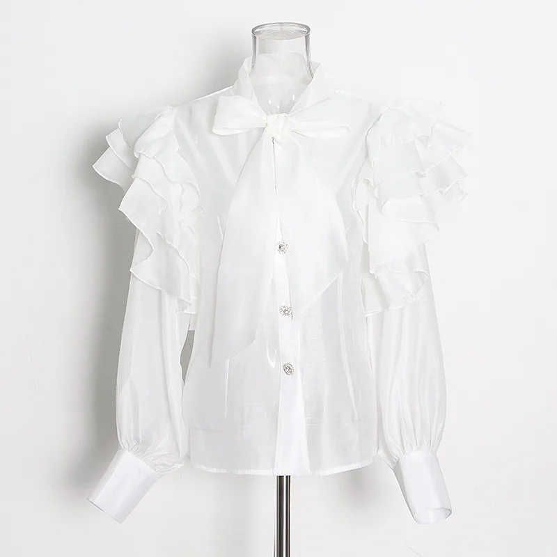 new arrival ladies blouse sashes collar falbala organza blouse for women